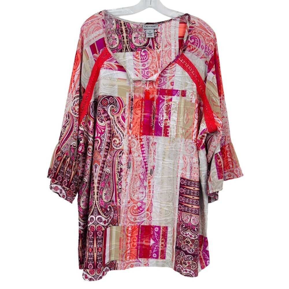 Catherines‎ Tunic Paisley Patchwork Bell Sleeve Tie Neck Shirt Women's 2X Boho